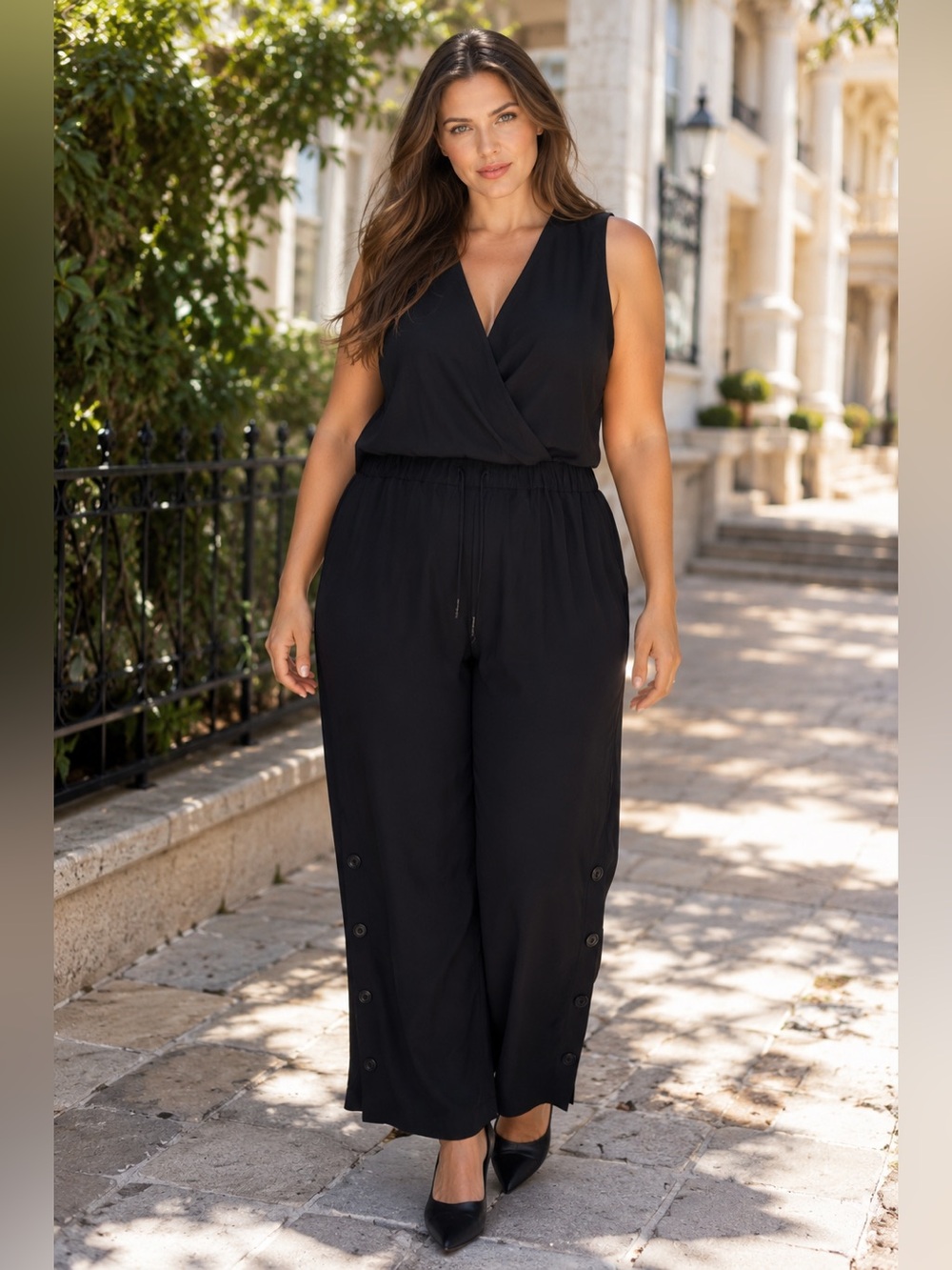 Who What Wear Black Wide-Leg Sleeveless Wrap Jumpsuit with Side Button Detail